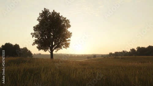 Wallpaper Mural Solitary tree sunrise field landscape, peaceful morning Torontodigital.ca