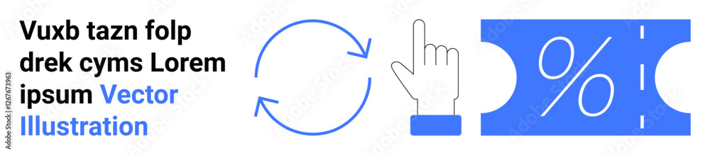Circular refresh arrows, a pointed hand icon, and a percentage symbol on coupon outline highlight renewal, offers, and user interaction. Ideal for marketing, discounts, ecommerce, updates Circular refresh arrows, a pointed hand icon, and a percentage symbol on coupon outline highlight renewal, offers, and user interaction. Ideal for marketing, discounts, ecommerce, updates