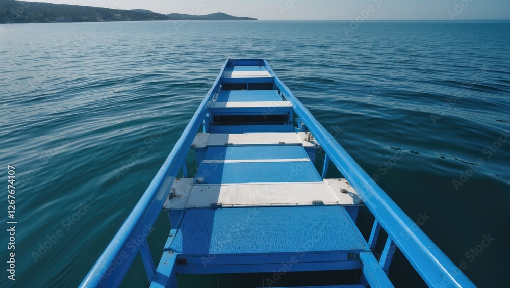 Serene Blue Pontoon Over Calm Sea Waters with Clear Horizon and Space for Custom Text or Branding Serene Blue Pontoon Over Calm Sea Waters with Clear Horizon and Space for Custom Text or Branding