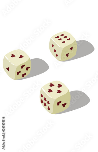 Playing Three dice with heart on a white background