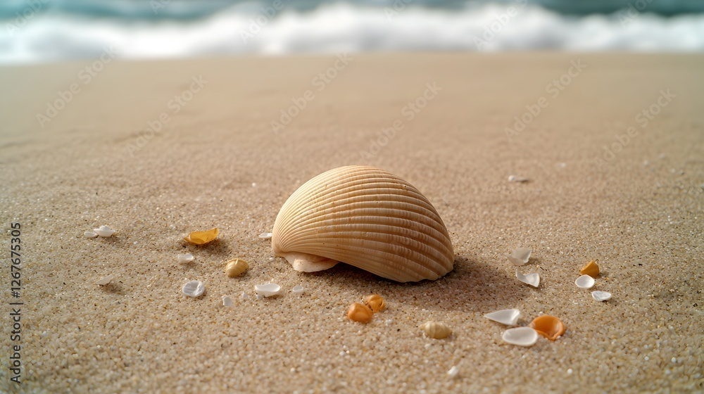 Beautiful Seashell Resting on Sandy Beach with Gentle Waves and Scenic Coastal Background Beautiful Seashell Resting on Sandy Beach with Gentle Waves and Scenic Coastal Background