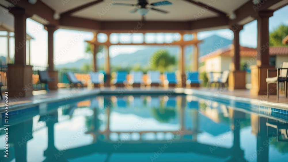 Serene View of Blurred Swimming Pool Area in Clubhouse with Empty Space for Text Ideal for Promotions or Advertisements Serene View of Blurred Swimming Pool Area in Clubhouse with Empty Space for Text Ideal for Promotions or Advertisements