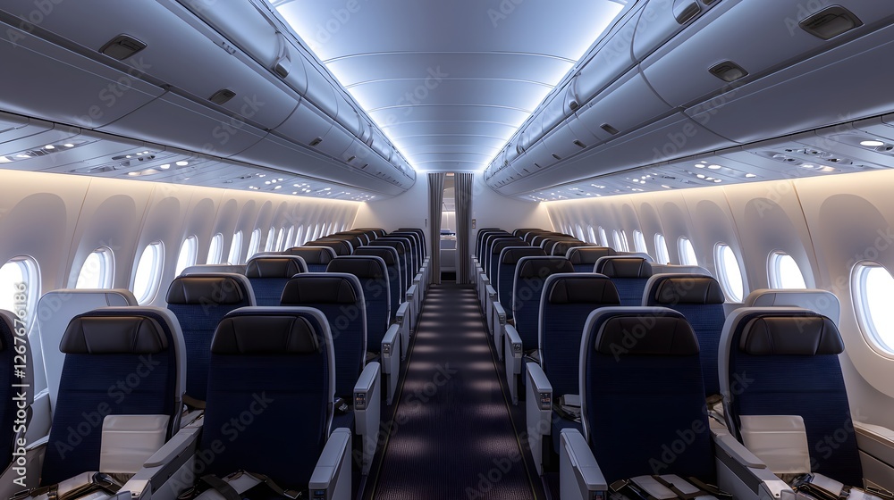 Spacious Airplane Aisle with Softly Lit Interior and Comfortable Seats for Relaxed Travel Experience Spacious Airplane Aisle with Softly Lit Interior and Comfortable Seats for Relaxed Travel Experience