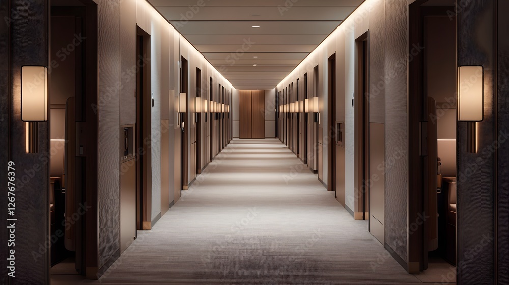 Fototapeta premium Softly Lit Aisle with Subtle Reflections and Warm Ambiance in a Modern Interior Space