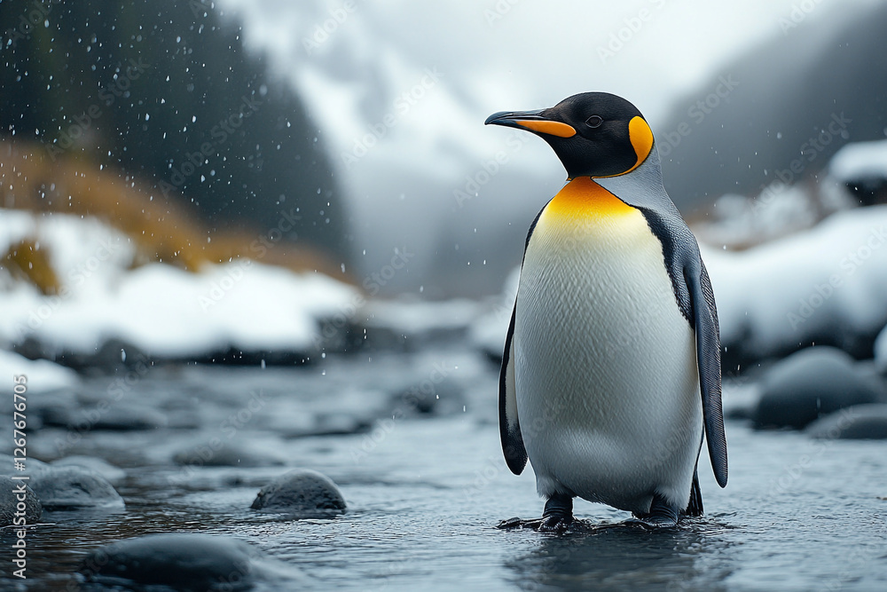 Fototapeta premium Majestic King Penguin Standing Resolutely Amidst a Snowy River Landscape