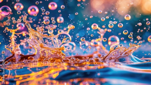 Vibrant water splash with bubbles creating a dynamic textured background in blue and orange hues for creative designs and projects