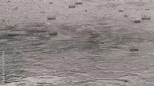 Rain in the city - raindrops fall on the asphalt