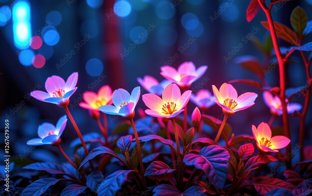 A stunning close-up of vibrant, glowing flowers in full bloom, illuminated with soft golden light. A stunning close-up of vibrant, glowing flowers in full bloom, illuminated with soft golden light.
