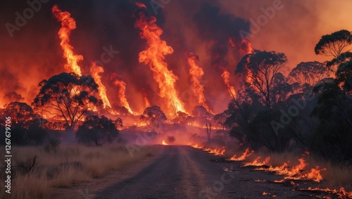 Bushfires in Northern Territory Dramatic Flames and Smoke with Open Space for Text on a Rural Road Environment