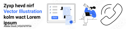 Person viewing checklist on laptop, document with stamp, pay button on screen, large phone icon. Ideal for finance, communication, efficiency, technology, teamwork mobile apps abstract line flat