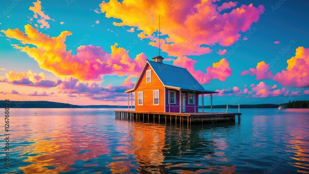 Fototapeta premium Vibrant Boathouse on Serene Lake under Dramatic Colorful Sky Reflections at Sunset