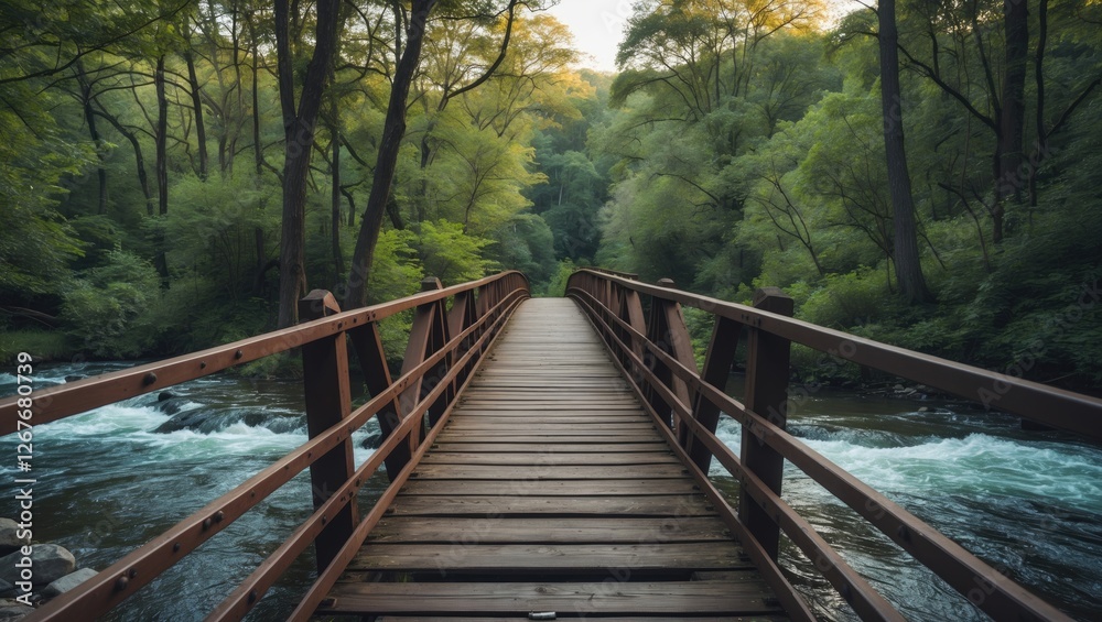 Obraz premium Peaceful Wooden Bridge Surrounded By Lush Greenery Over Flowing River In Forest Landscape