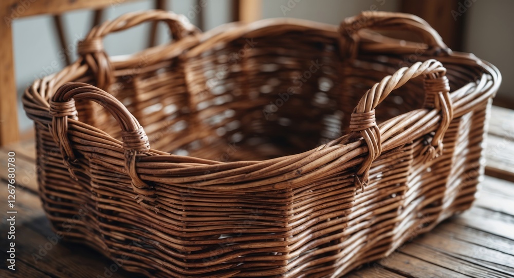 Obraz premium Brown Wicker Basket With Handles Perfect For Home Organization Featuring Empty Space For Customizable Text Or Branding