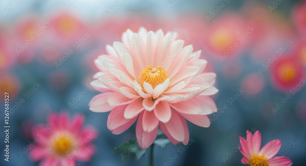 Fototapeta premium Soft Focused Pink Flower with Petals and Blurry Background Featuring Space for Text and Copy in Nature Inspired Composition