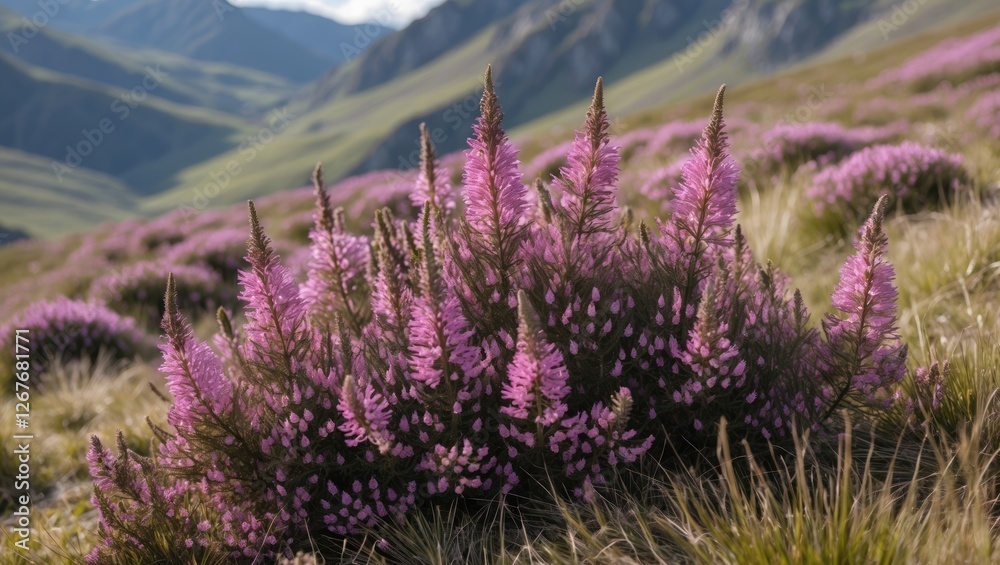 Obraz premium Vibrant Pink Heather Blooms in a Lush Mountain Meadow under Scenic Mountainous Landscape