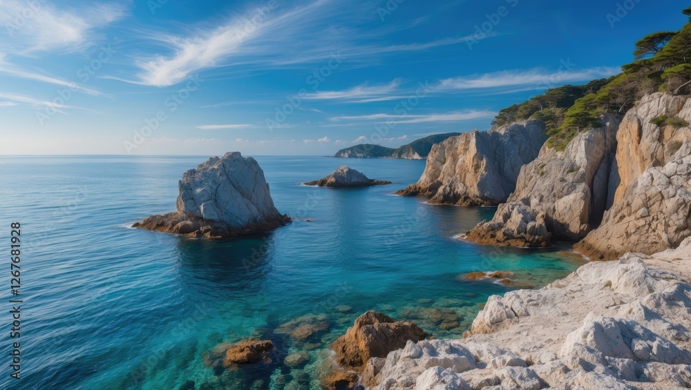 Tranquil Blue Seascape Featuring Rocky Cliffs and Calm Waters Under Clear Skies Ideal for Coastal Landscape and Nature Themes Tranquil Blue Seascape Featuring Rocky Cliffs and Calm Waters Under Clear Skies Ideal for Coastal Landscape and Nature Themes