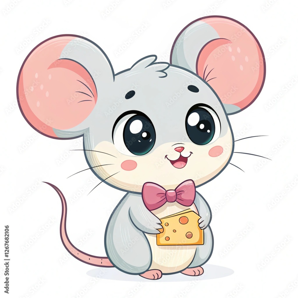 Cute cartoon mouse holding cheese, isolated, white background, children's book illustration Cute cartoon mouse holding cheese, isolated, white background, children's book illustration