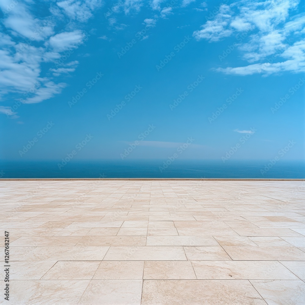 Fototapeta premium Peaceful Horizon: A high-quality shot of an empty marble floor extending into the distance, set against a vast blue sky with a few scattered clouds.