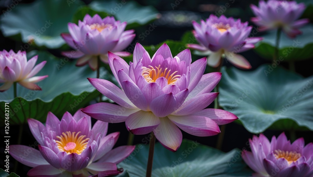 Elegant Purple Lotus Blossoms Surrounded by Lush Green Leaves in a Tranquil Water Garden Setting Elegant Purple Lotus Blossoms Surrounded by Lush Green Leaves in a Tranquil Water Garden Setting