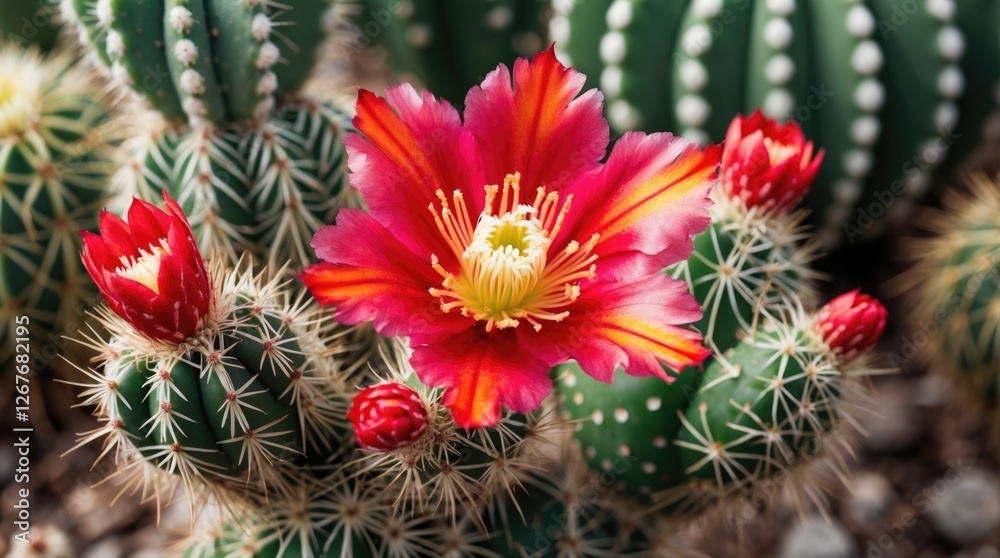 Vibrant scarlet cactus flower blooming alongside budding blooms on a textured green cactus background. Nature's vivid desert beauty. Vibrant scarlet cactus flower blooming alongside budding blooms on a textured green cactus background. Nature's vivid desert beauty.