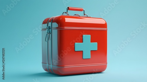 Red First Aid Kit or Bag on Blue Backdrop with Copy Space