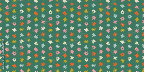 Colorful vintage flower art seamless pattern illustration. Retro nature floral background in hand drawn style. Spring season decoration texture, nature textile drawing print.