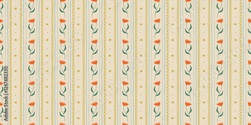 Colorful vintage flower art seamless pattern illustration. Retro nature floral background in hand drawn style. Spring season decoration texture, nature textile drawing print.