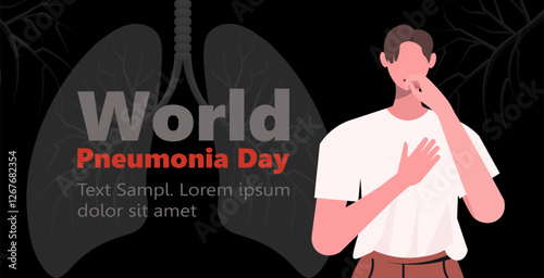 World Pneumonia Day on black background. Young man in casual clothes feeling unwell, chest pain and coughing as symptom for cold, bronchitis or pneumonia.Vector illustration Not AI generated