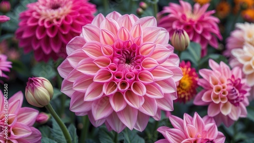 Stunning close-up of a pink dahlia flower showcasing intricate petal patterns with vibrant blossoms in the background. Nature's beauty highlighted.