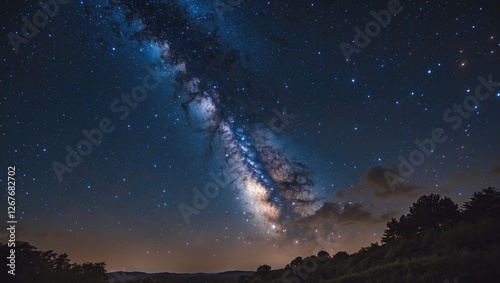 Stunning Milky Way Galaxy Overhead Illuminating a Dark Night Sky Filled with Stars and Soft Cloud Formation in the Background