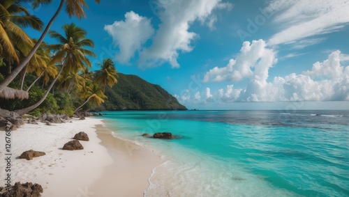 Fototapeta Naklejka Na Ścianę i Meble -  Pristine Caribbean Beach with Turquoise Waters and Lush Palm Trees Ideal for Trailers Seeking Tropical Paradise Getaways