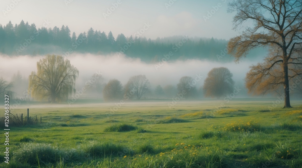 Serene Foggy Meadow at Dawn with Lush Green Grass and Trees in a Tranquil Spring Landscape Serene Foggy Meadow at Dawn with Lush Green Grass and Trees in a Tranquil Spring Landscape