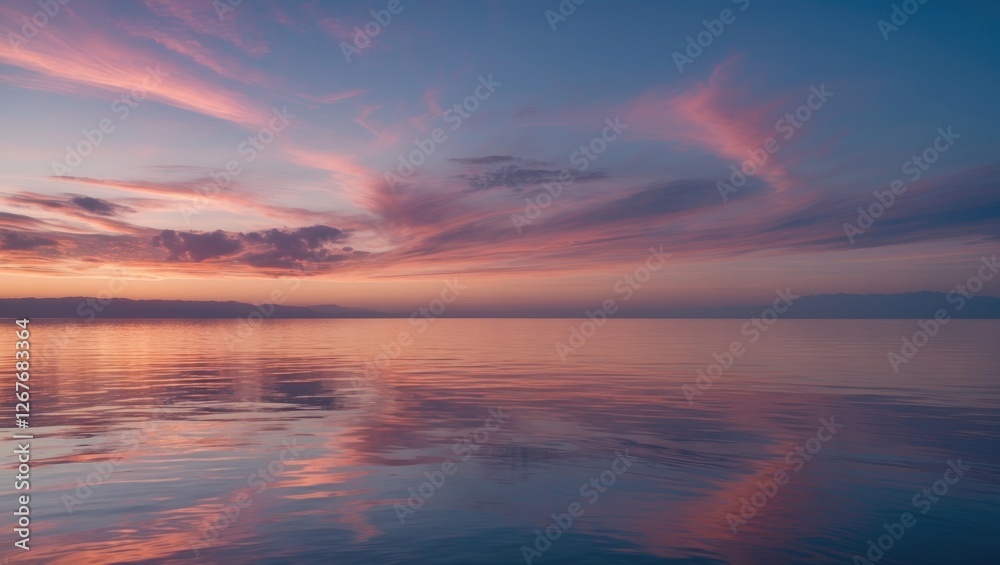 Naklejka premium Tranquil Evening Sky Reflecting on Calm Waters at Dusk with Soft Pastel Colors and Gentle Clouds
