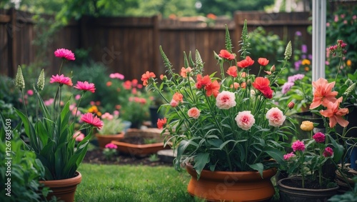Wallpaper Mural Vibrant Flower Garden with Colorful Blooms in Backyard Pots Surrounded by Lush Greenery and Wooden Fence in Warm Afternoon Light Torontodigital.ca