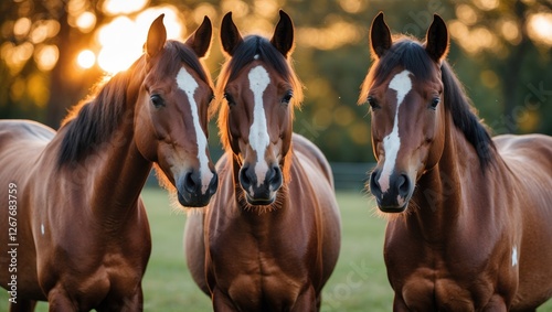 Majestic Horses Silhouetted Against Warm Evening Light in Natural Summer Setting