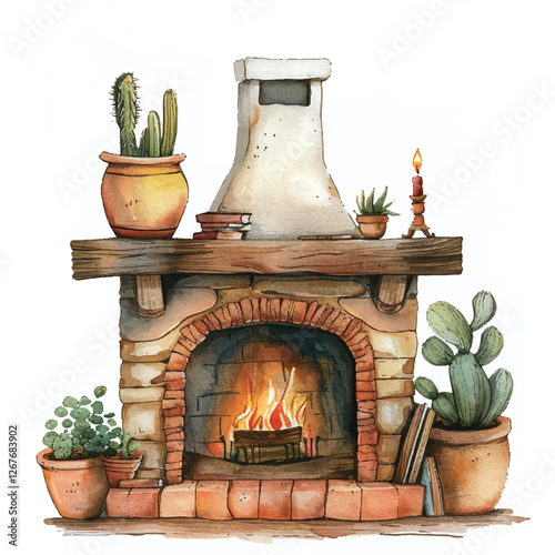 A cozy fireplace cartoon style watercolor