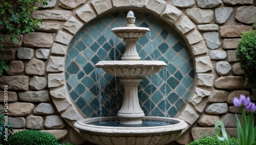 Wallpaper Mural Elegant stone wall fountain set against a patterned backdrop, creating a serene garden ambiance with flowing water and lush greenery. Torontodigital.ca