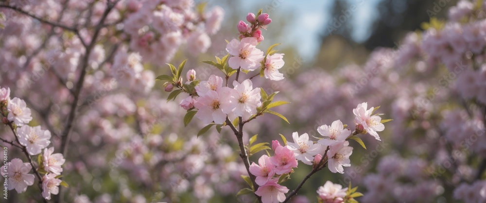 Blossoming Pink Cherry Flowers In A Garden With Soft Focus Background And Space For Text or Design Elements Blossoming Pink Cherry Flowers In A Garden With Soft Focus Background And Space For Text or Design Elements