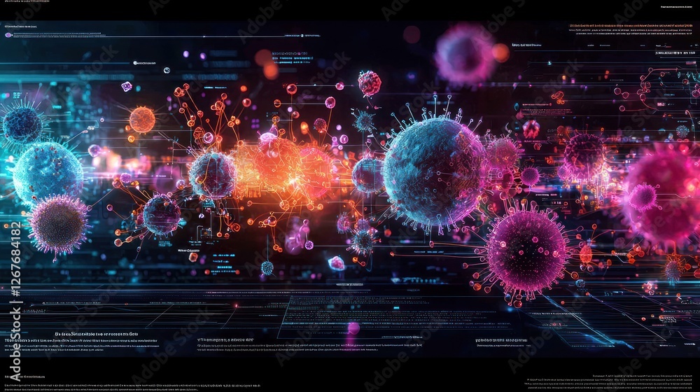 Fototapeta premium Viral Infection Data Visualization Microscopic view of virus spread, digital background. Medical research use