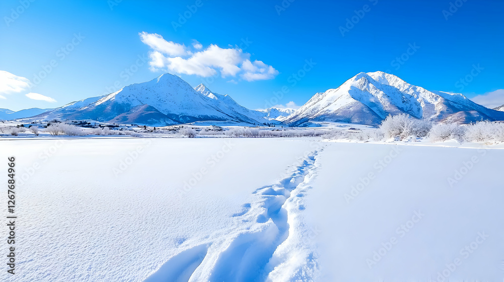Fototapeta premium Footprints lead across a vast snow-covered field towards majestic mountains under a clear blue sky in winter.