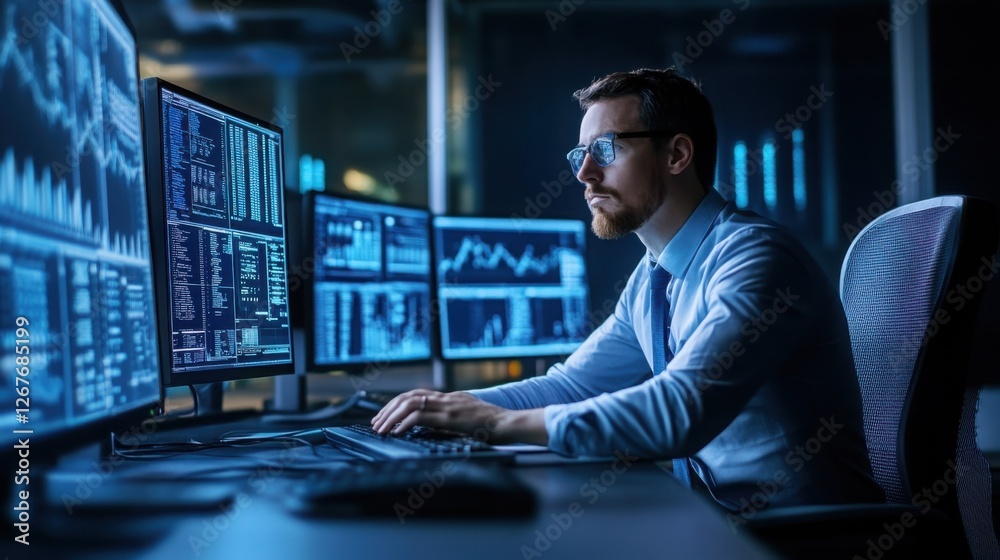Focused Male Programmer Working Late on Multiple Computer Screens with Data Analysis and Code Focused Male Programmer Working Late on Multiple Computer Screens with Data Analysis and Code