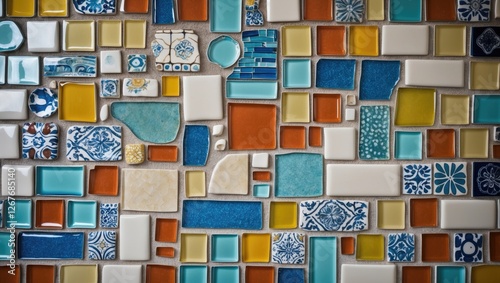 Vibrant mosaic wall featuring an artistic arrangement of colorful ceramic and glass tile fragments in diverse patterns and textures.
