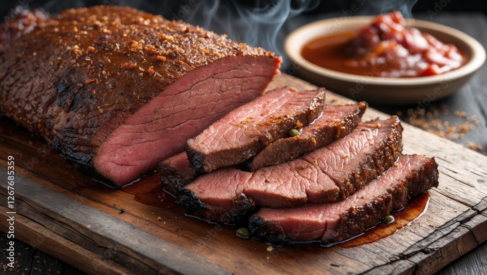 Smoked Beef Brisket Sliced on Wooden Platter with Barbecue Sauce and Seasoning, Capturing Traditional Barbecue Cooking Techniques. Smoked Beef Brisket Sliced on Wooden Platter with Barbecue Sauce and Seasoning, Capturing Traditional Barbecue Cooking Techniques.
