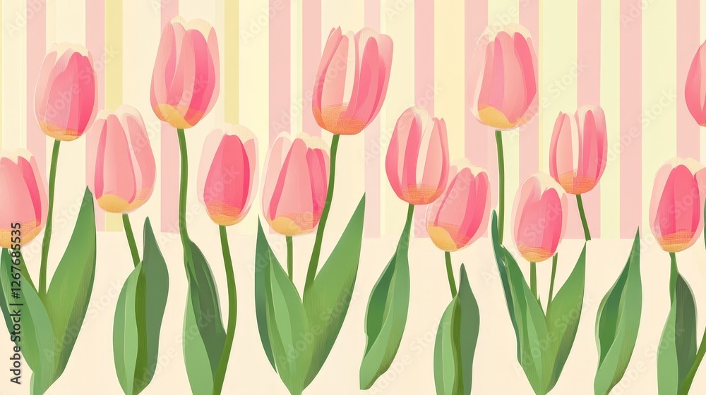 Obraz premium A row of pink tulips with green leaves. The flowers are arranged in a line and are of varying sizes. Concept of beauty and tranquility, as the flowers are a symbol of love and affection