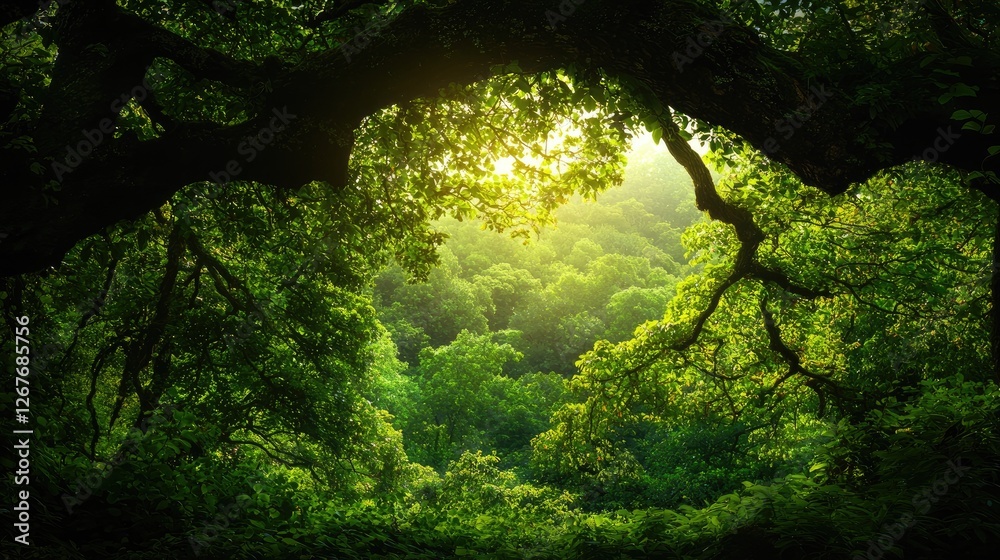 Obraz premium Lush Green Forest with Sunlight Streaming Through Tree Canopy