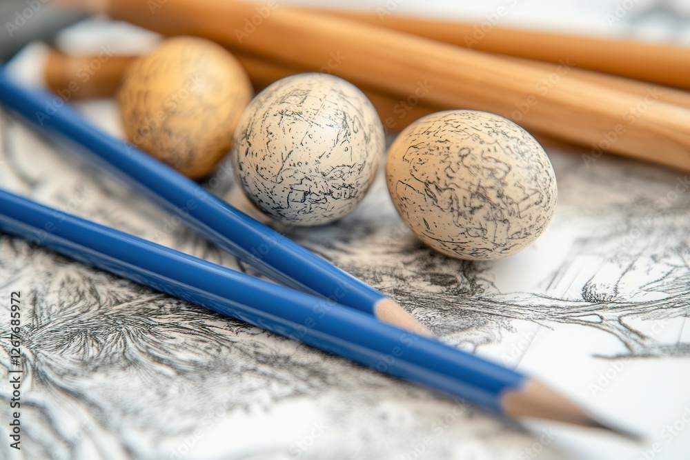 Three pencils and two balls are arranged neatly on a table, showcasing a simple yet organized workspace atmosphere. Three pencils and two balls are arranged neatly on a table, showcasing a simple yet organized workspace atmosphere.