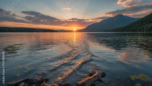 Serene Sunset Over Tranquil Lake With Mountain Reflections And Calm Waters Ideal For Text Overlay