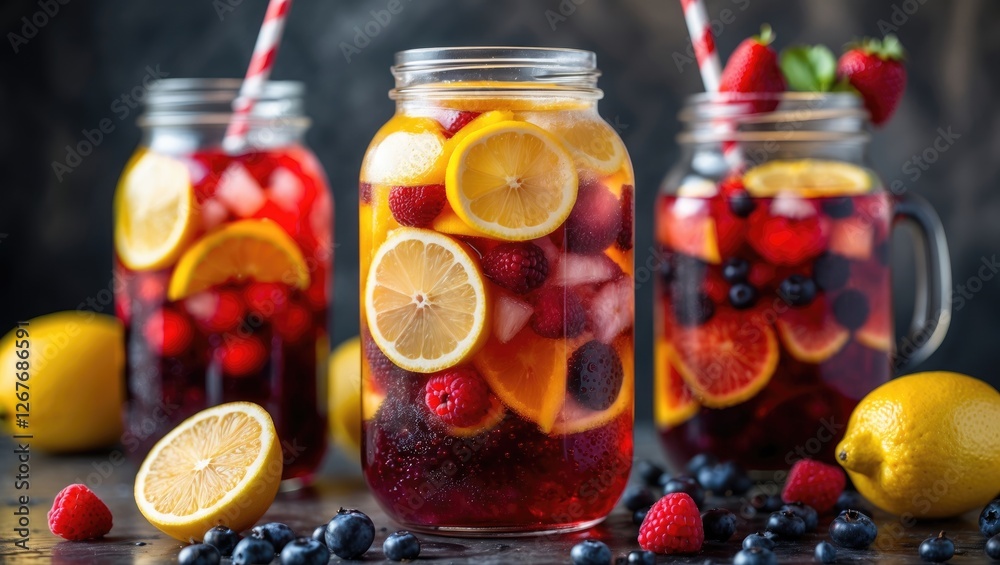 Refreshing Summer Fruit Lemonade and Red Sangria in Mason Jars with Fresh Fruits and Ice on Dark Background Refreshing Summer Fruit Lemonade and Red Sangria in Mason Jars with Fresh Fruits and Ice on Dark Background