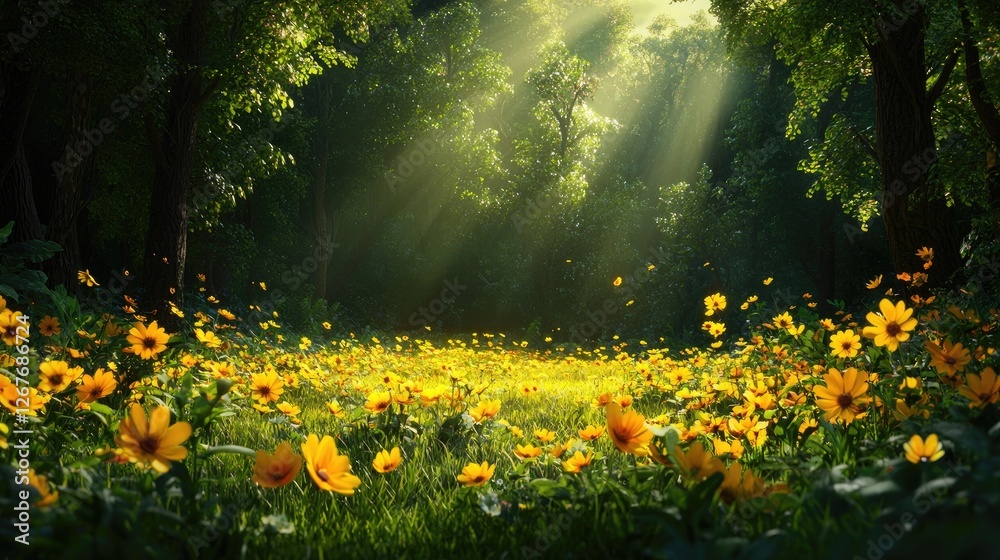 Obraz premium Sunlit Meadow Filled with Yellow Flowers in a Lush Green Forest