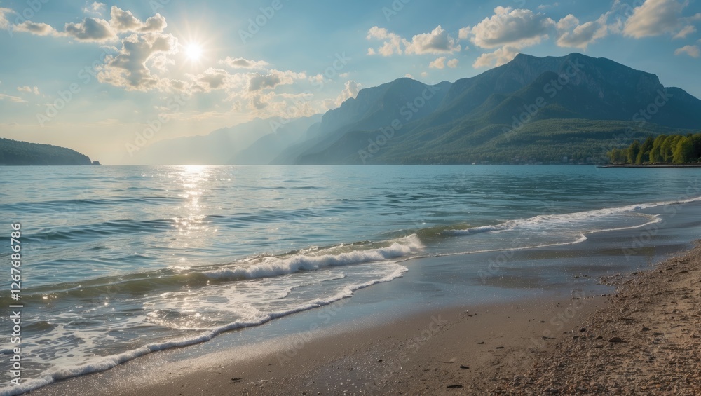 Tranquil Summer Seascape with Sunlight Reflecting on Calm Waters and Mountainous Landscape Under a Clear Blue Sky Tranquil Summer Seascape with Sunlight Reflecting on Calm Waters and Mountainous Landscape Under a Clear Blue Sky